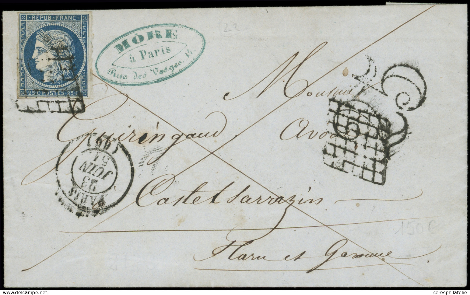 Let EMISSION DE 1849 - 4    25c. Bleu, Obl. GRILLE S. LAC, Càd PARIS 23/6/51, Taxe 25 DT Annulée Par La Grille, TTB - 1849-1876: Classic Period