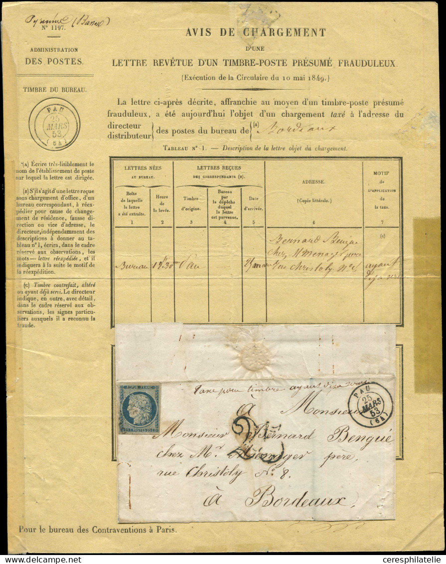 Let EMISSION DE 1849 - 4    25c. Bleu, Obl. S. Env., Càd PAU 25/3/53, Taxe 25 Double Trait Et Dossier De Taxation Pour " - 1849-1876: Klassik