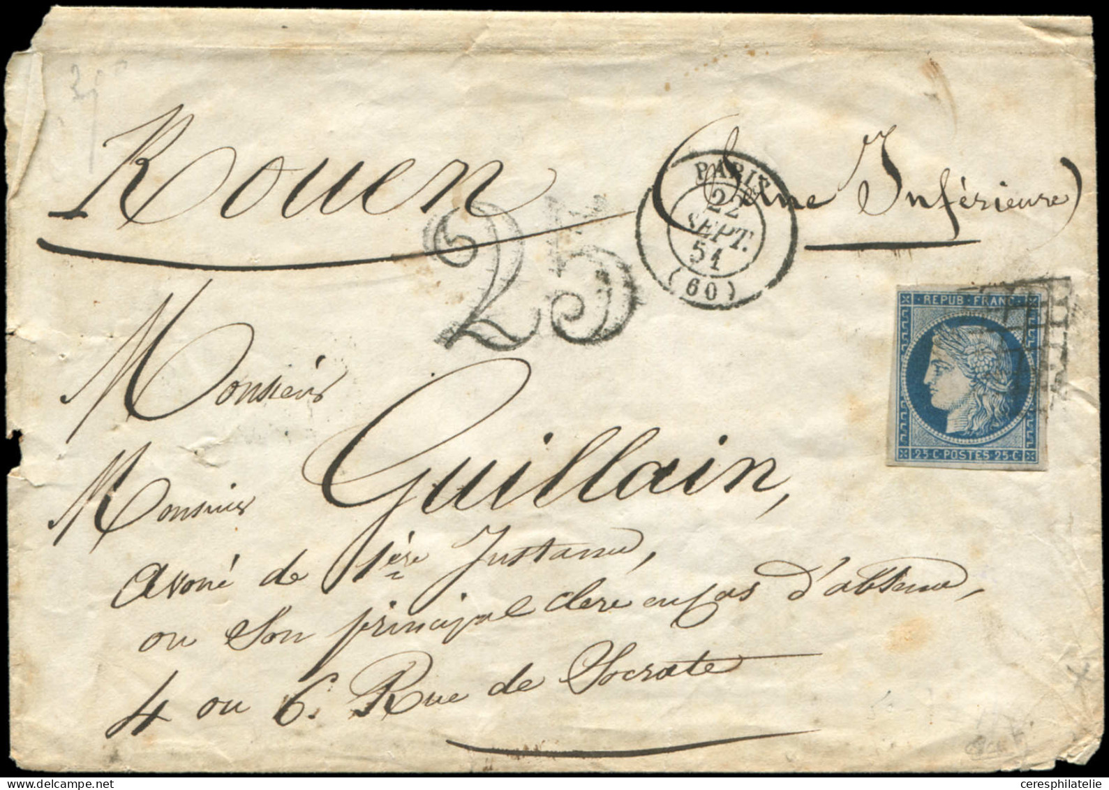 Let EMISSION DE 1849 - 4    25c. Bleu, Obl. GRILLE S. Env., Càd T15 PARIS 22/9/51 Et Taxe 25 DT, TB - 1849-1876: Klassieke Periode