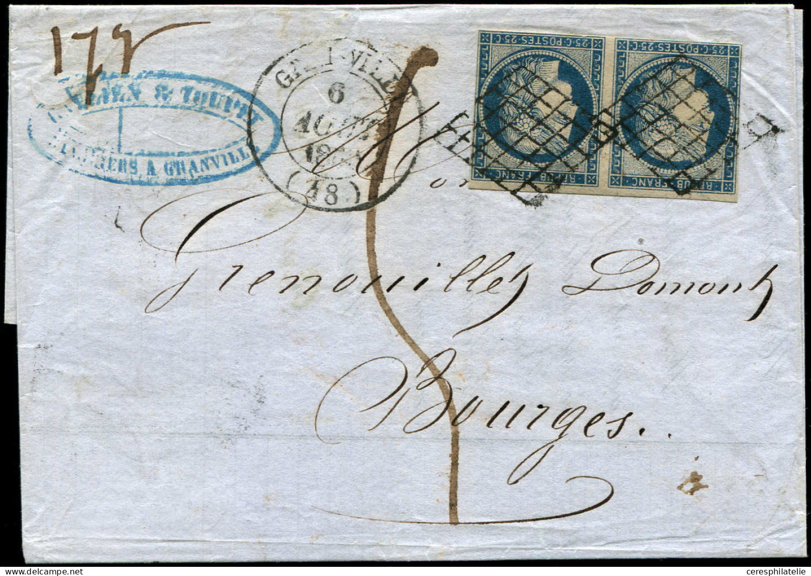 Let EMISSION DE 1849 - 4    25c. Bleu, PAIRE Obl. GRILLE S. LAC, Càd T14 GRANVILLE 6/8/50, Taxe 5, Poids 17g., TB - 1849-1876: Classic Period