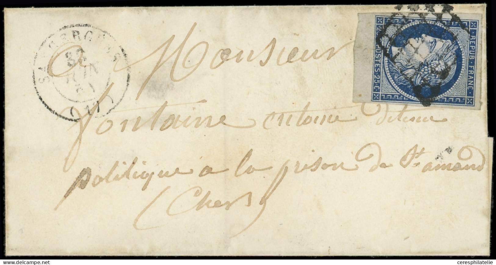 Let EMISSION DE 1849 - 4a   25c. Bleu Foncé, Petit Bdf, Obl. GRILLE S. LAC, Càd T15 SAUCERGUES 30/6/51, TTB - 1849-1876: Période Classique