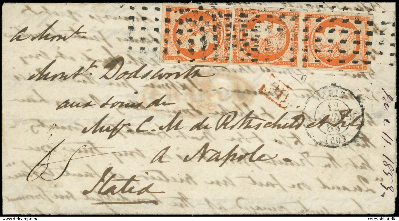 Let EMISSION DE 1849 - 5a   40c. Orange Vif, PAIRE + 1 Ex. Obl. GROS POINTS S. LAC, Càd PARIS 12/6/53 Pour NAPOLI, TTB,  - 1849-1876: Période Classique