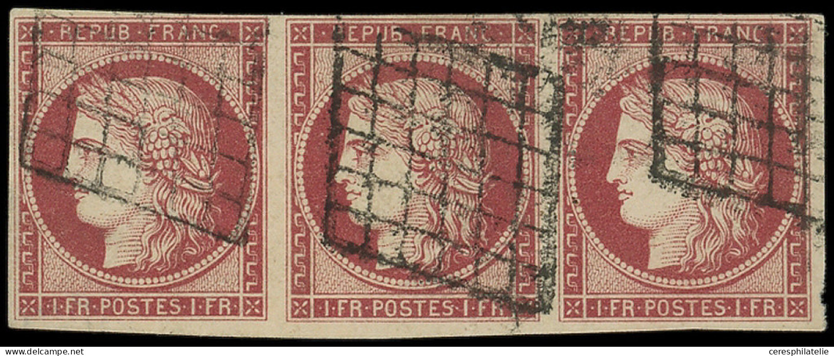 EMISSION DE 1849 - 6     1f. Carmin, BANDE De 3 Obl. GRILLE, TB. Br - 1849-1850 Cérès
