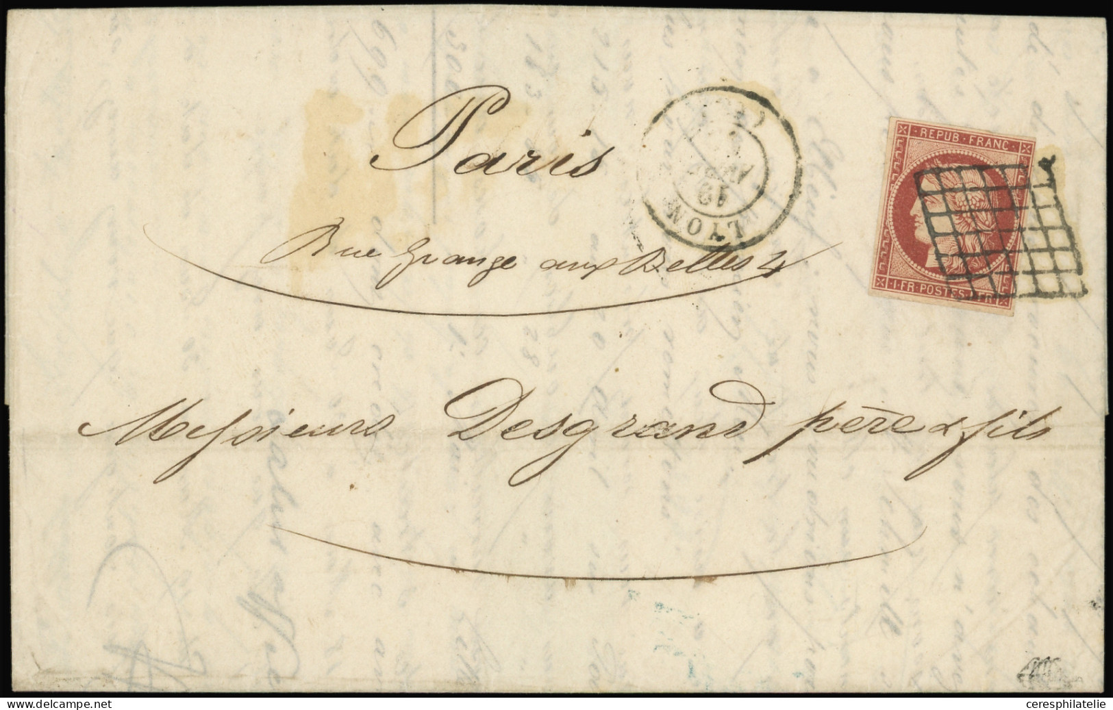 Let EMISSION DE 1849 - 6A    1f. ROUGE-BRUN, Obl. GRILLE S. LAC, Càd T15 LYON 19/4/50, Jolie Nuance, TTB, Certif. JF Bru - 1849-1876: Période Classique