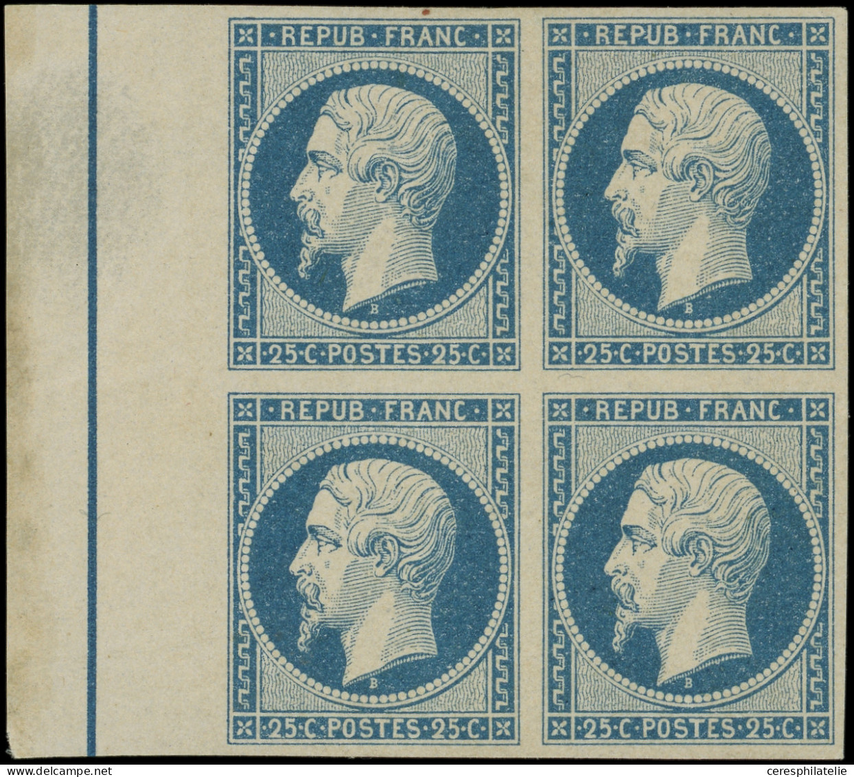 * PRESIDENCE - L10b  25c. Bleu, BLOC De 4 Cdf Avec FILET D'ENCADREMENT, Grande Fraîcheur, Inf. Ch. Sur La Paire Intérieu - 1852 Louis-Napoléon