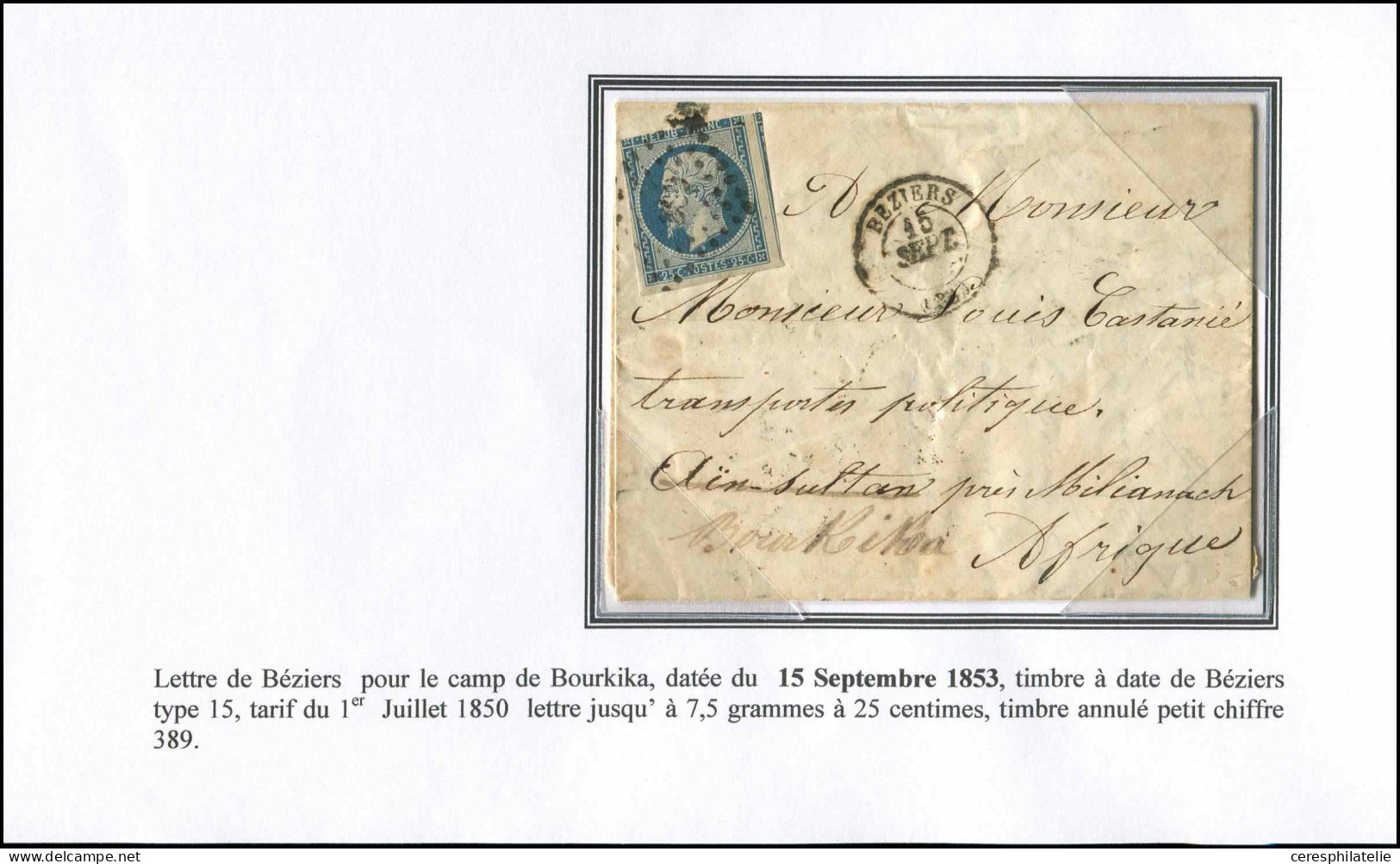 Let PRESIDENCE - 10   25c. Bleu, Défx, Obl. PC 389 S. LAC, Càd BEZIERS 15/9/53 Pour Le Camp De BOURKIKA, TB - 1849-1876: Période Classique