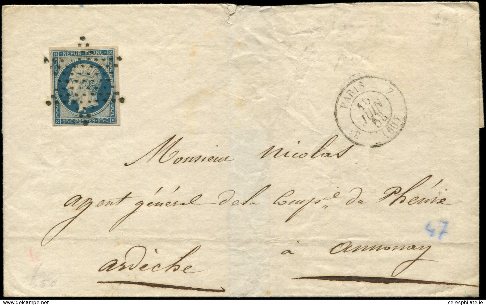Let PRESIDENCE - 10a  25c. Bleu Foncé, Obl. ETOILE S. LSC, Càd 3e PARIS 7 16/6/53, TTB - 1849-1876: Periodo Clásico