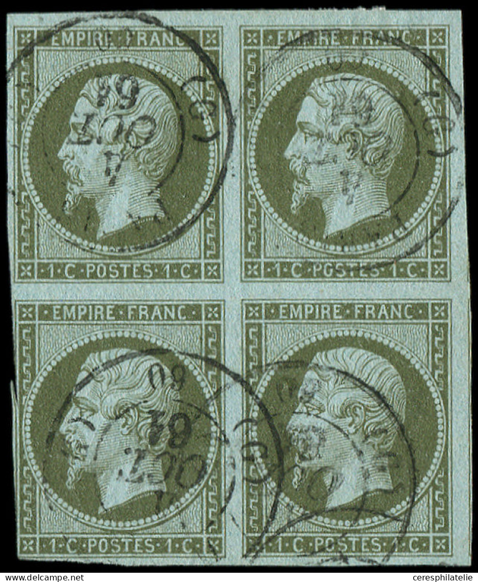 EMPIRE NON DENTELE - 11    1c. Olive, BLOC De 4 Obl. Càd T15 PARIS 4/10/61, Un Ex. Défx, Les Autres TB - 1853-1860 Napoleon III