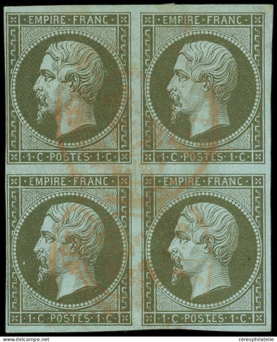 EMPIRE NON DENTELE - 11    1c. Olive, BLOC De 4 Obl. Càd Rouge Des Imprimés, 1 Ex. Petit Pelurage, Sinon TB. J - 1853-1860 Napoleon III