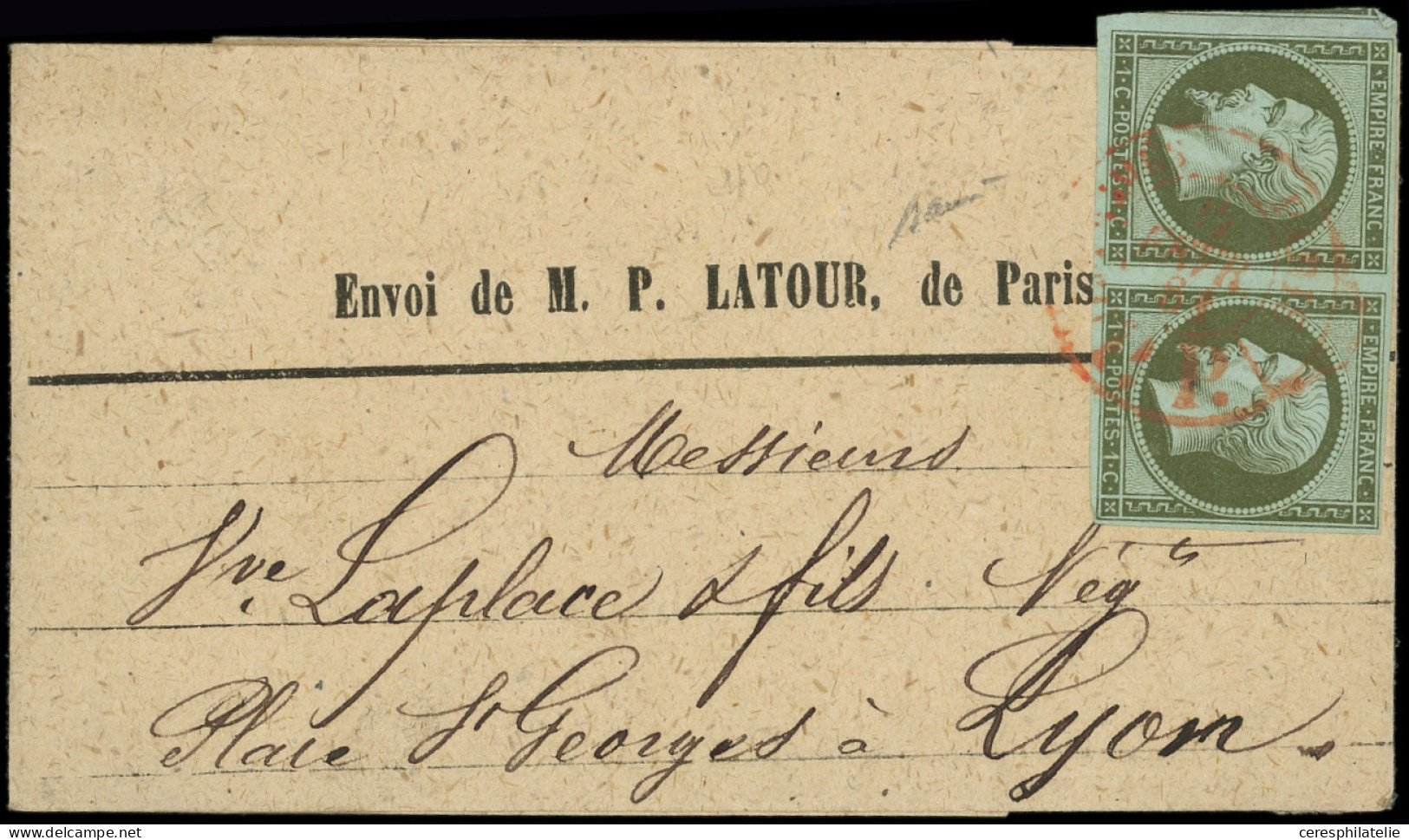 Let EMPIRE NON DENTELE - 11    1c. Olive, PAIRE Obl. Càd Rouge Des Imprimés 11/61 S. Bande P. Latour Paris, RR Et TB - 1849-1876: Periodo Clásico