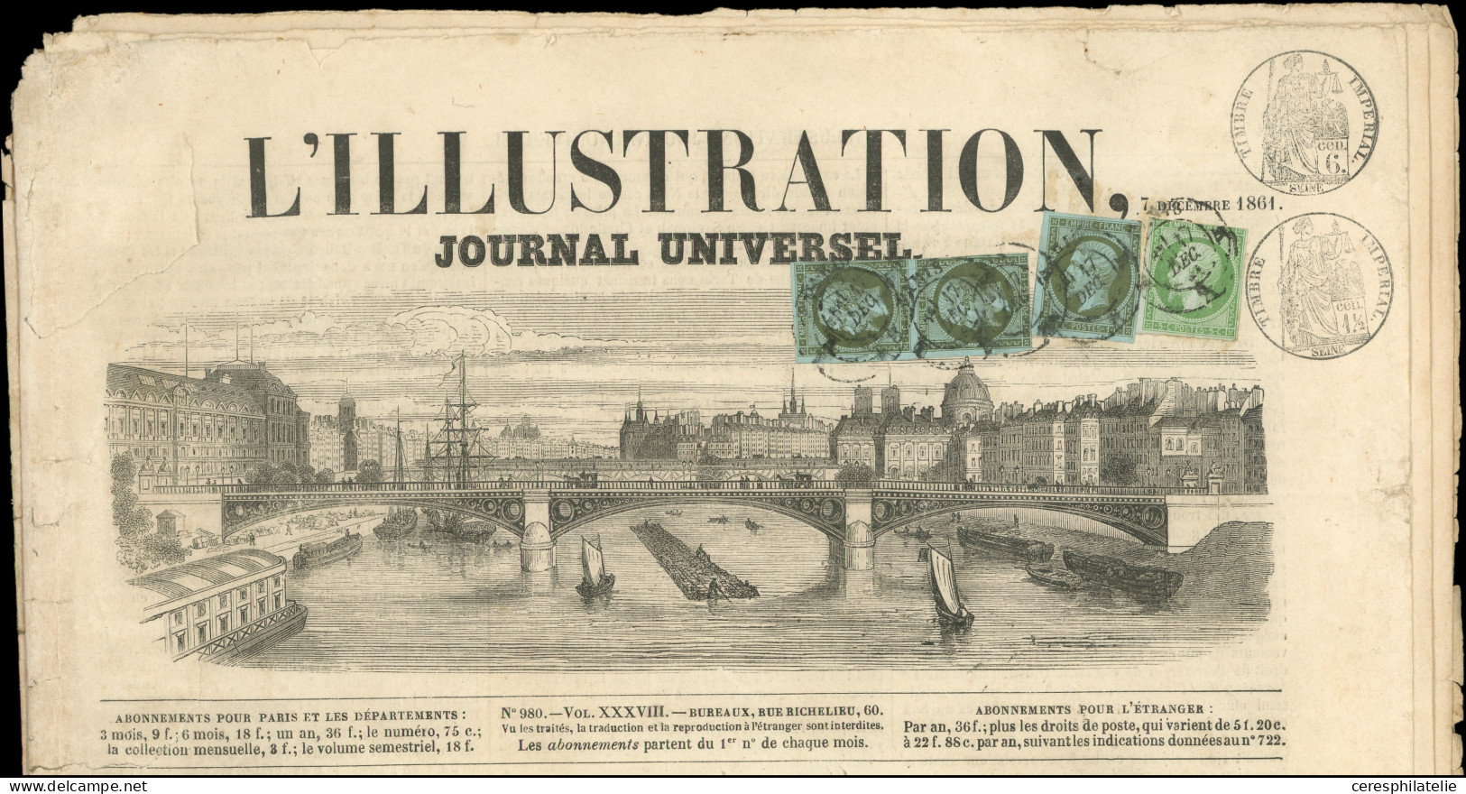 Let EMPIRE NON DENTELE - 11 Et 12, 1c. PAIRE + 1 Ex., 5c., Tous Obl. Càd PARIS 17/12/61 S. L'ILLUSTRATION Journal Univer - 1849-1876: Classic Period