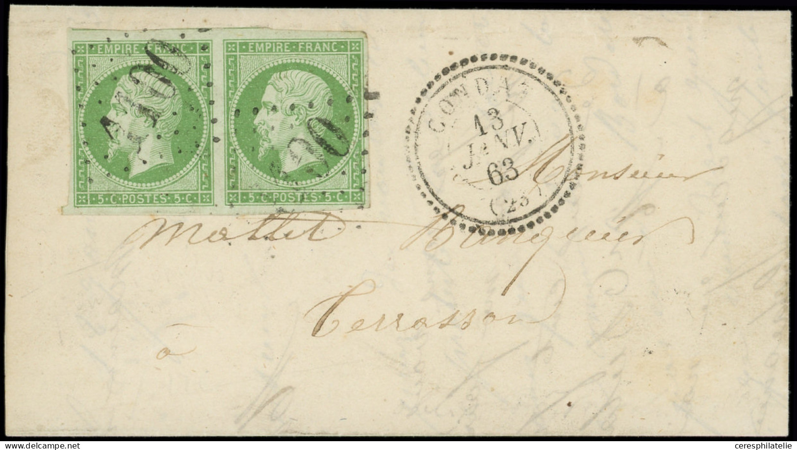 Let EMPIRE NON DENTELE - 12    5c. Vert, PAIRE Obl. GC 1100 S. Petite LAC, Càd T22 CONDAT 13/1/63, Superbe - 1849-1876: Klassik