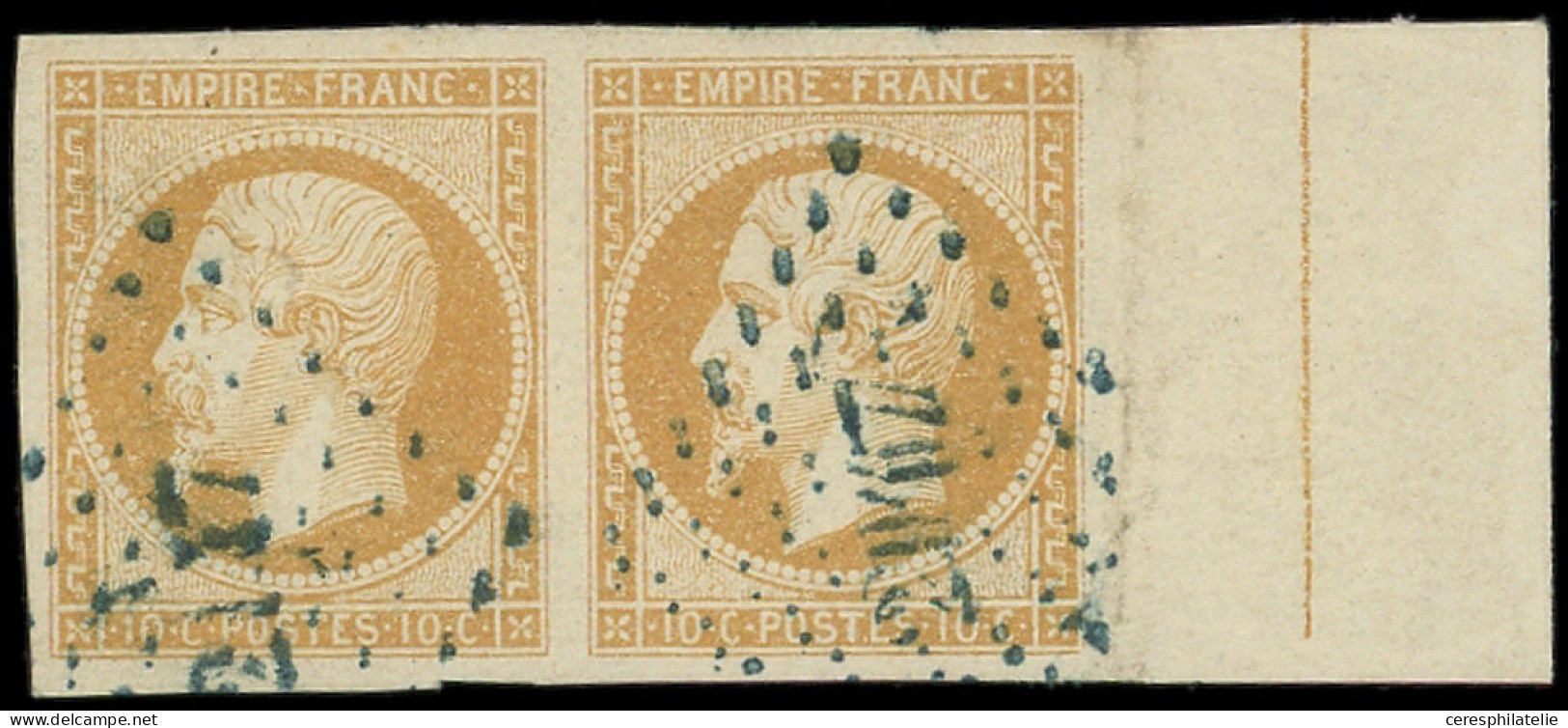 EMPIRE NON DENTELE - L13Ad 10c. Bistre T I, PAIRE Bdf, FILET D'ENCADREMENT, Obl. PC BLEU 2147, R Et TB - 1853-1860 Napoléon III.