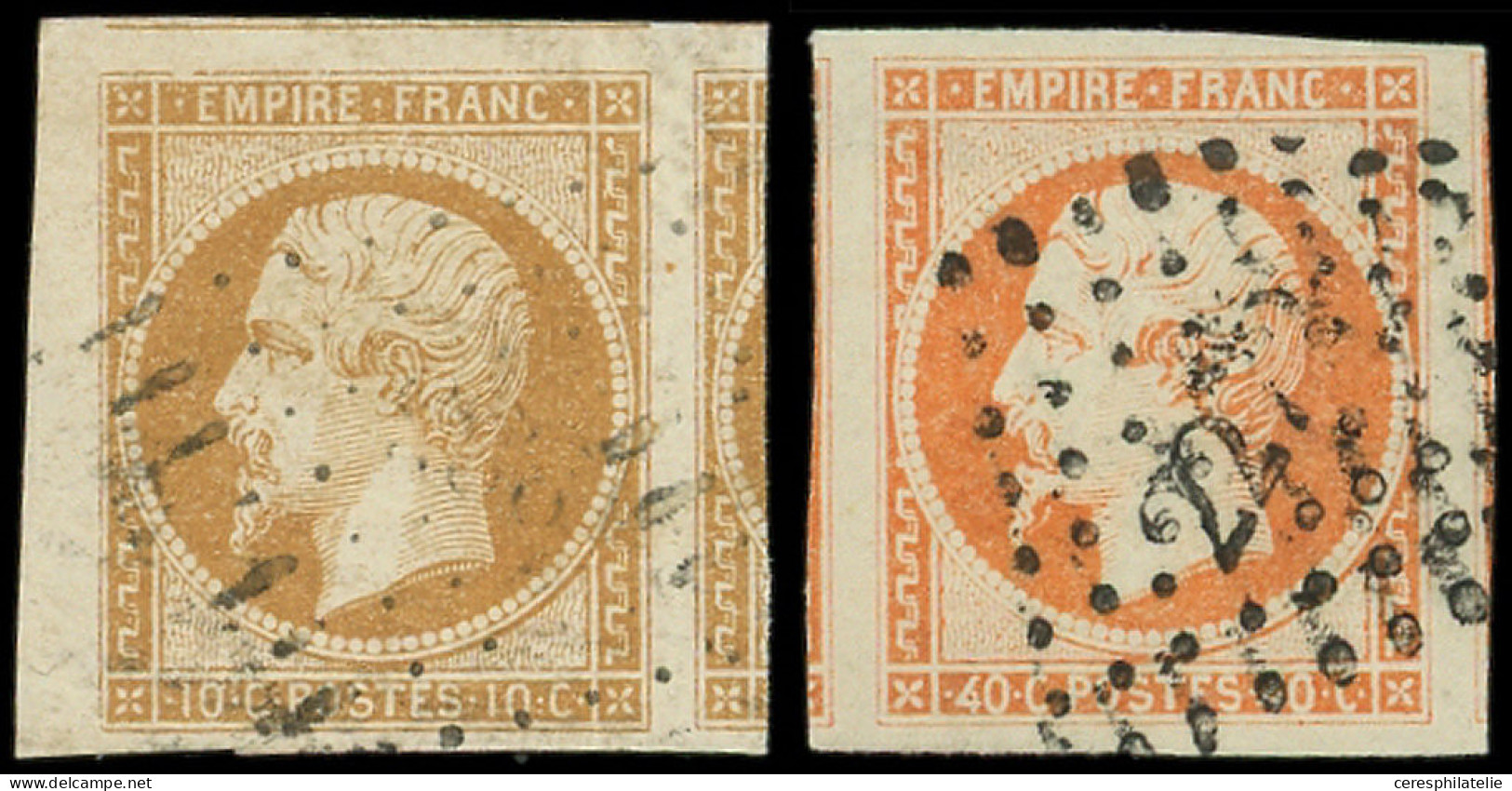 EMPIRE NON DENTELE - 13A Et 16, 10c. Bistre Et 40c. Orange, Marges énormes (petit Bdf + Voisins Et 2 Voisins) Obl. PC, S - 1853-1860 Napoleon III