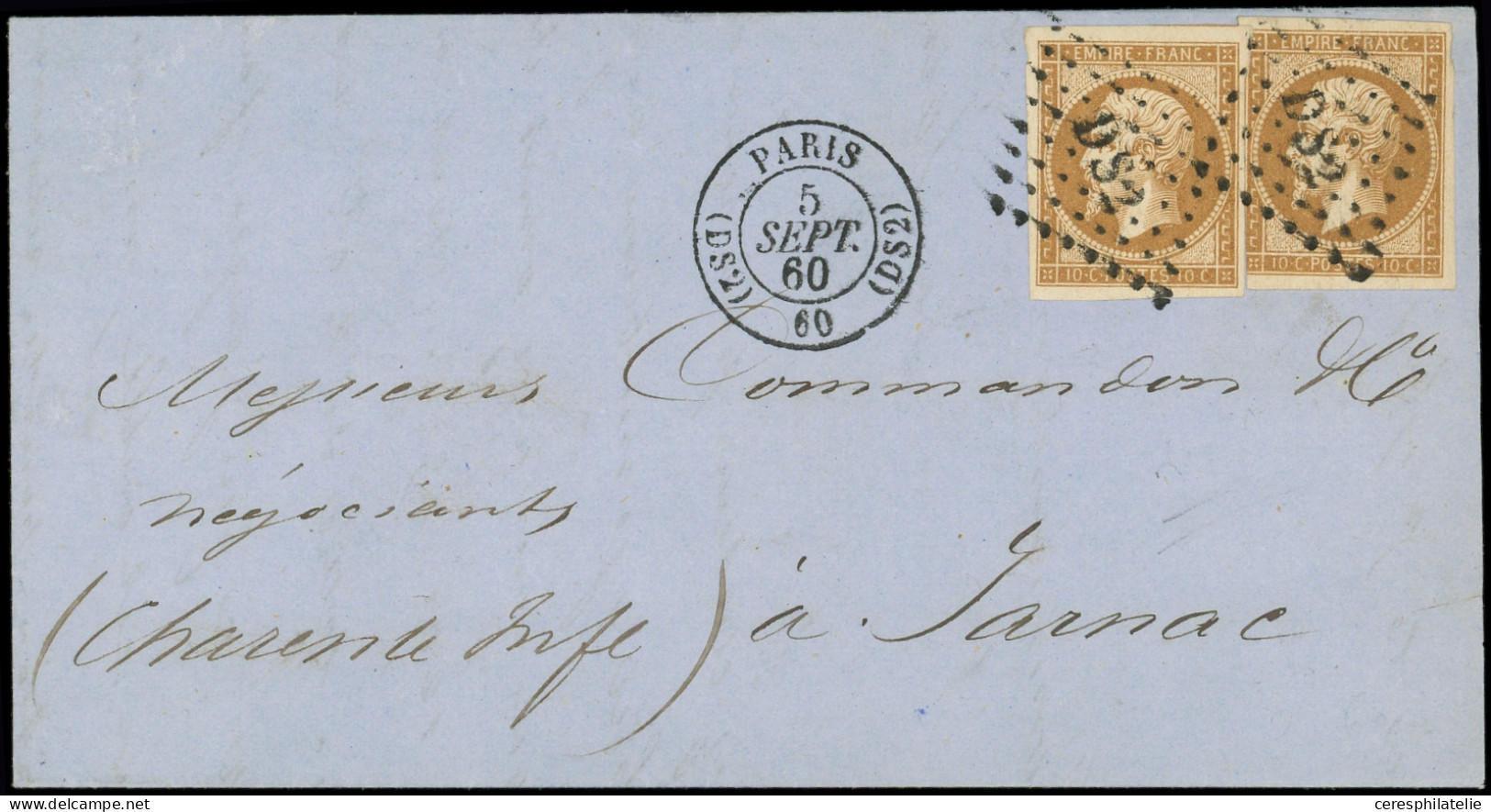 Let EMPIRE NON DENTELE - 13Ac 10c. Bistre-brun, T I (2), Très Jolie Nuance, Obl. Los. DS2 S. LAC, Càd (DS2) PARIS (DS2)  - 1849-1876: Période Classique