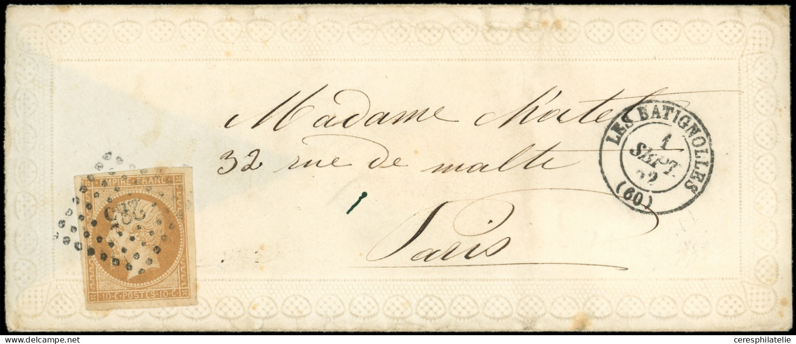 Let EMPIRE NON DENTELE - 13B  10c. Brun Clair, T II, Obl. PC 285 S. Env. VALENTINE, Càd LES BATIGNOLLES 1/9/62, Superbe - 1849-1876: Classic Period