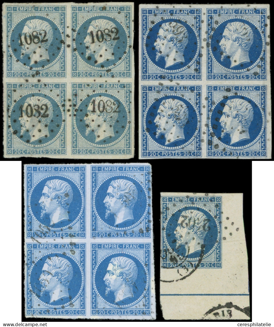 EMPIRE NON DENTELE - 14A, 14Aa Et 14B, 20c. Bleu, T I, 20c. Bleu Foncé T I Et 20c. Bleu T II (pli), 3 Blocs De 4 Obl. PC - 1853-1860 Napoléon III