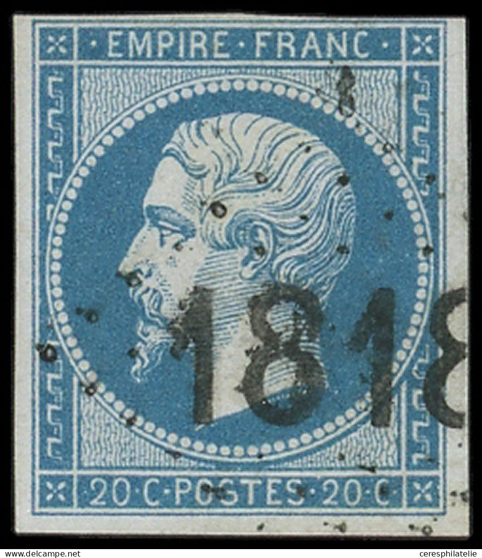 EMPIRE NON DENTELE - 14B  20c. Bleu, T II, Obl. GC D'Essai 1818, Caractère Gras, Clair, Aspect TB - 1853-1860 Napoléon III.