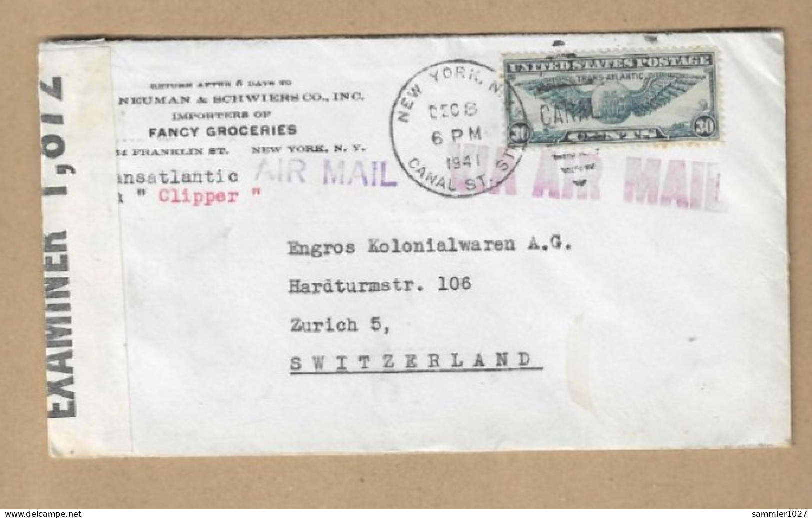 Los Vom 11.04 -  Heimatbeleg Aus New York Nach Zürich 1941 - Storia Postale