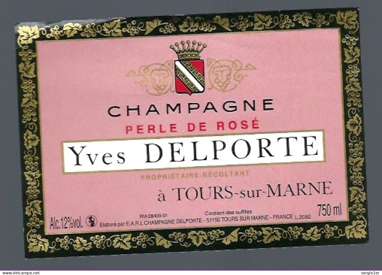 Etiquette Champagne Perle De Rosé  Yves Delporte   Tours Sur Marne  Marne 51 - Champagne