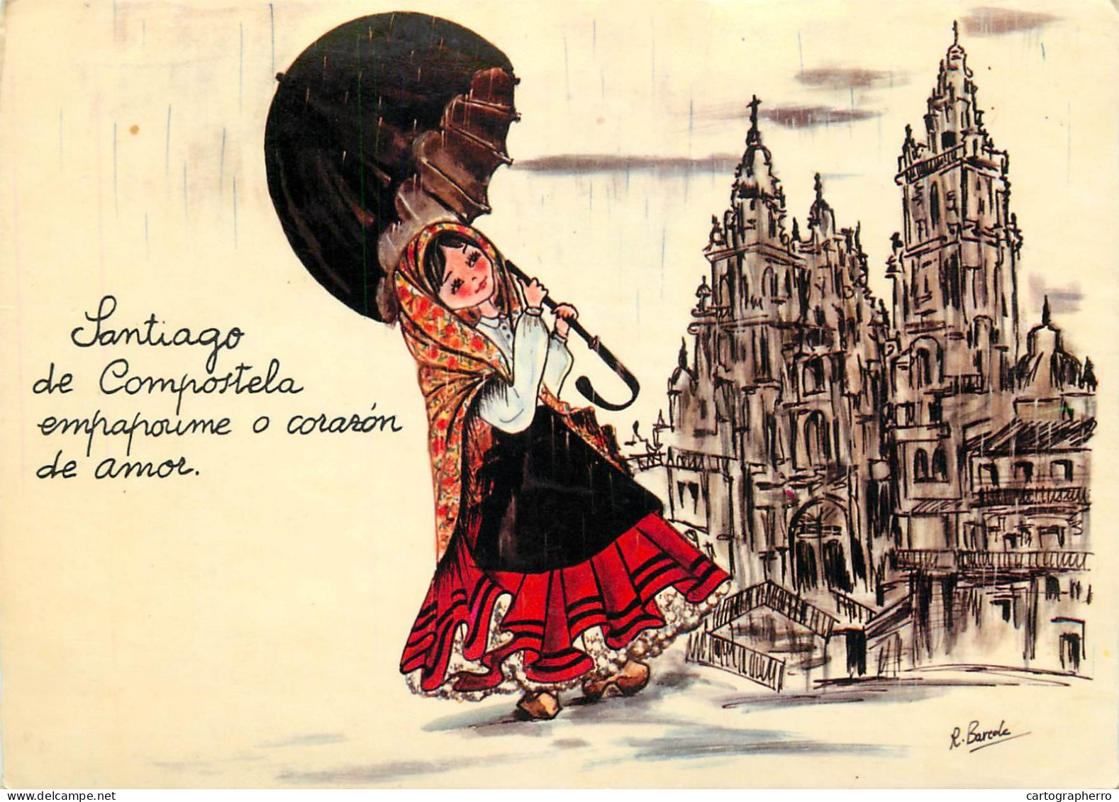 Spain Santiago De Compostela Cathedral & Ethnic Woman Typical Clothing Signed Illustration - Europe