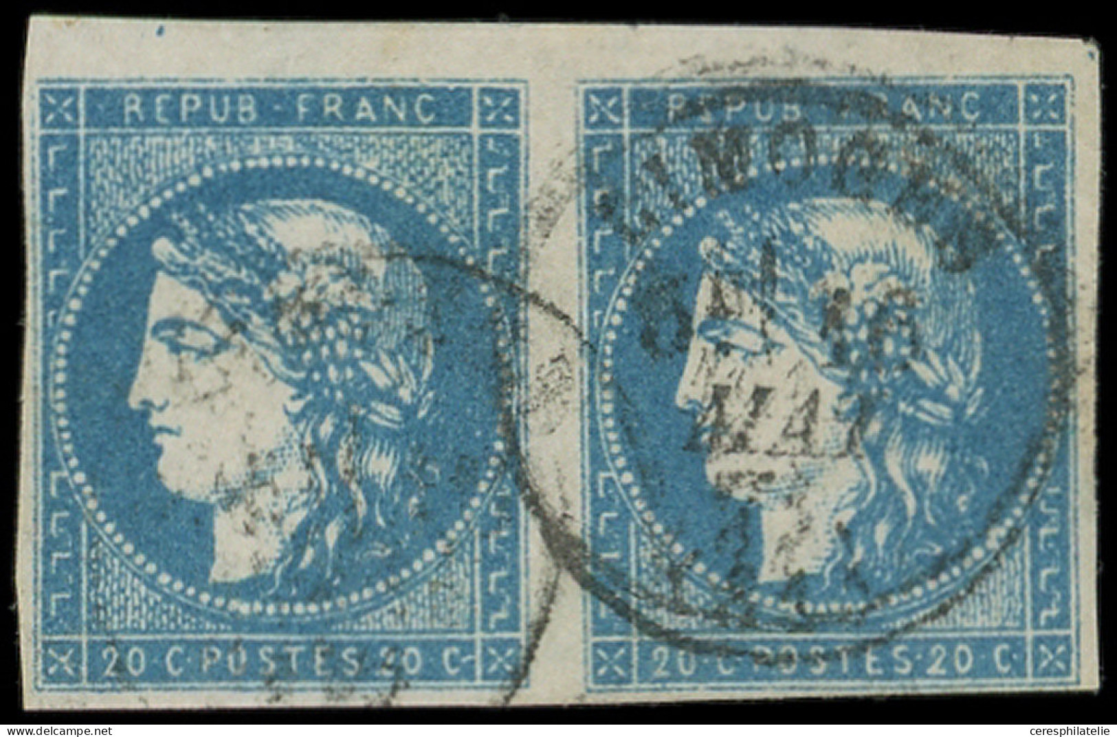EMISSION DE BORDEAUX - 44Ba 20c. Bleu Foncé, T I R II, PAIRE Obl. Càd LIMOGES 16/5/71, Superbe - 1870 Bordeaux Printing