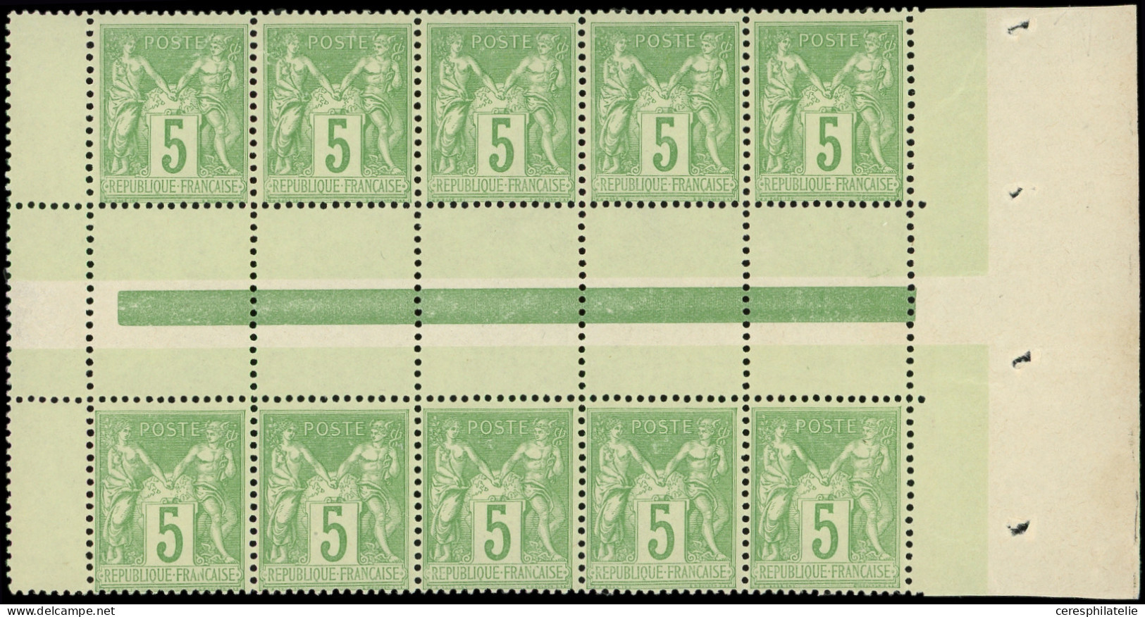 ** TYPE SAGE - 106   5c. Vert-jaune, BLOC De 10 Intergalvano Avec Bords, T II Et T I, Adh., TB, Cote * - 1898-1900 Sage (Type III)