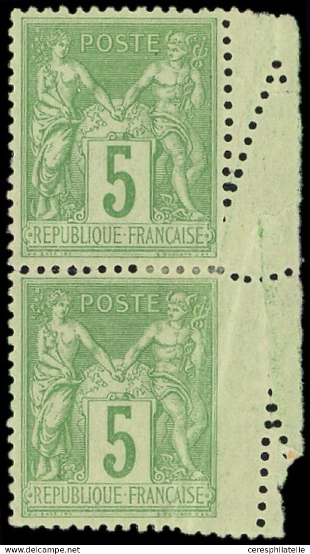 * TYPE SAGE - 106   5c. Vert-jaune, PAIRE Verticale Bdf Avec Variété De PIQUAGE Par PLIAGE, TB. J - 1898-1900 Sage (Type III)