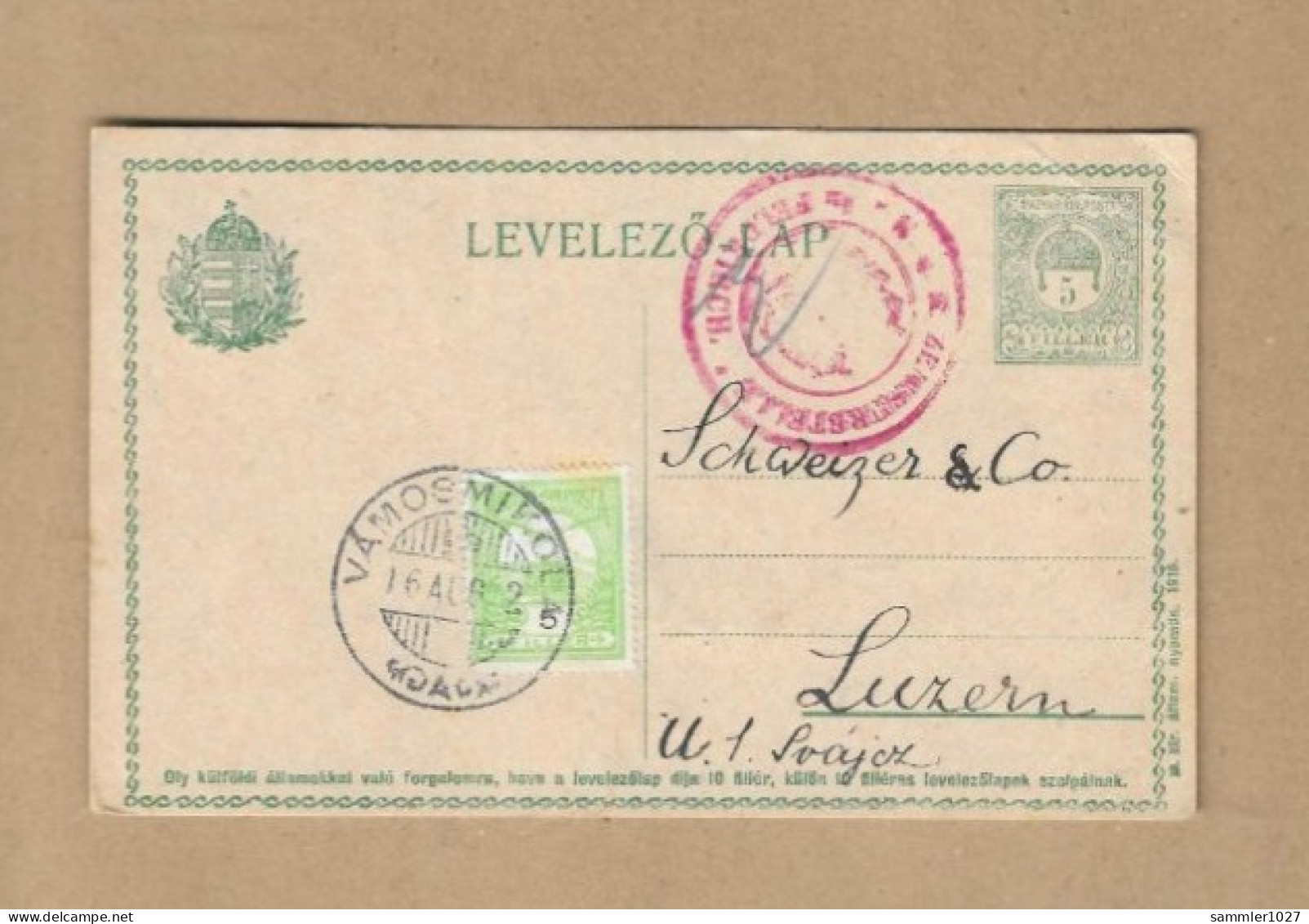 Los Vom 11.04 -  Heimatbeleg Aus Vamosmikola Nach Luzern 1916  Ganzsache - Briefe U. Dokumente