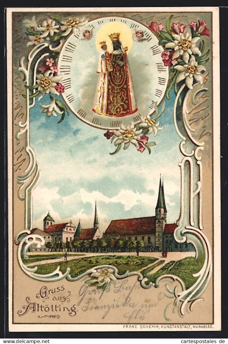 Lithographie Altötting, Wallfahrtskirche, Schwarze Madonna  - Altoetting