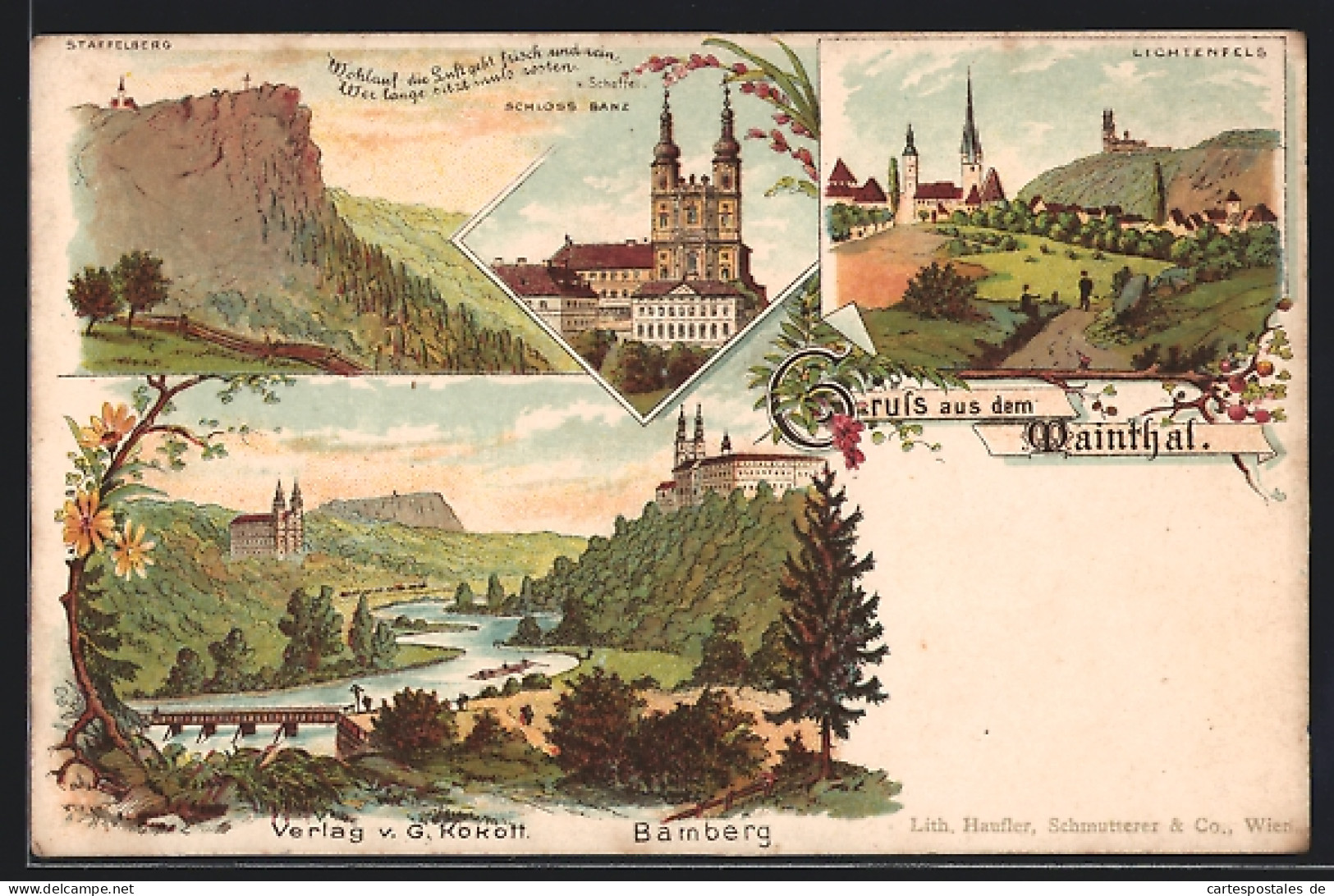 Lithographie Staffelstein, Schloss Banz, Burg Lichtenfels Und Staffelnberg  - Staffelstein