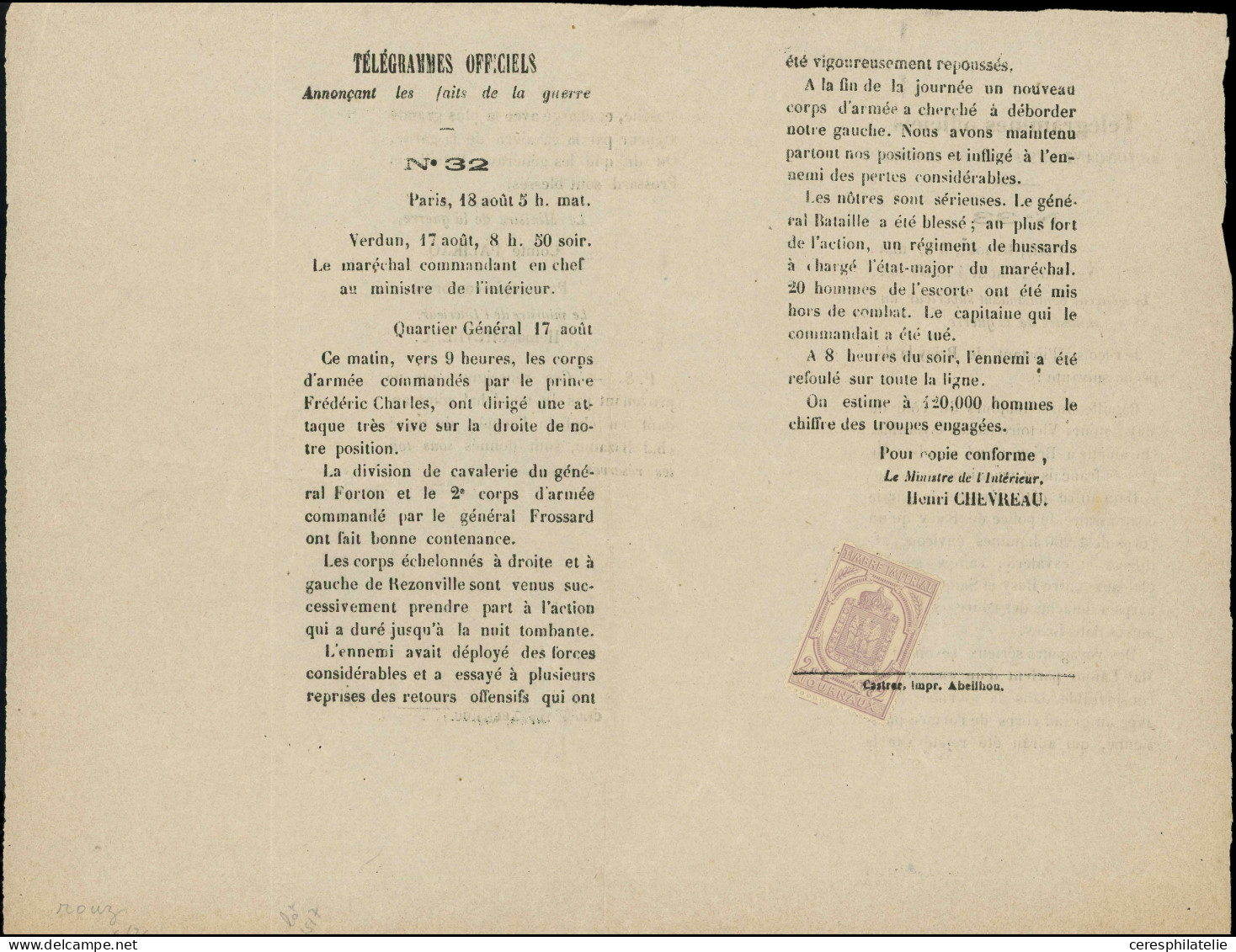 Let JOURNAUX -  7 : 2c. Violet Obl. TYPO S. Télégrammes Officiels Annonçant Les Faits De La Guerre N°32, RR Et TTB - Zeitungsmarken (Streifbänder)