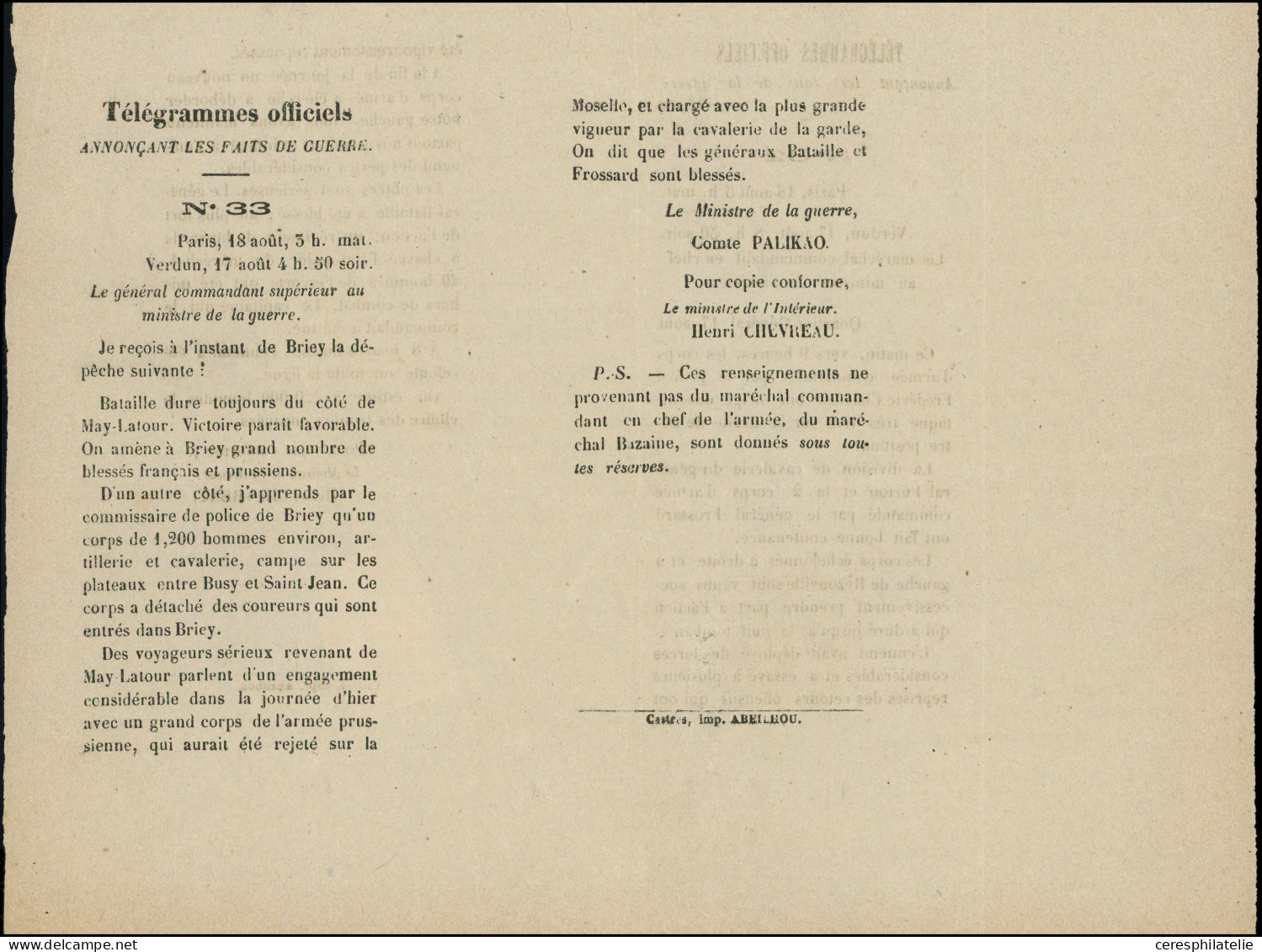 Let JOURNAUX -  7 : 2c. Violet Obl. TYPO S. Télégrammes Officiels Annonçant Les Faits De La Guerre N°32, RR Et TTB - Periódicos