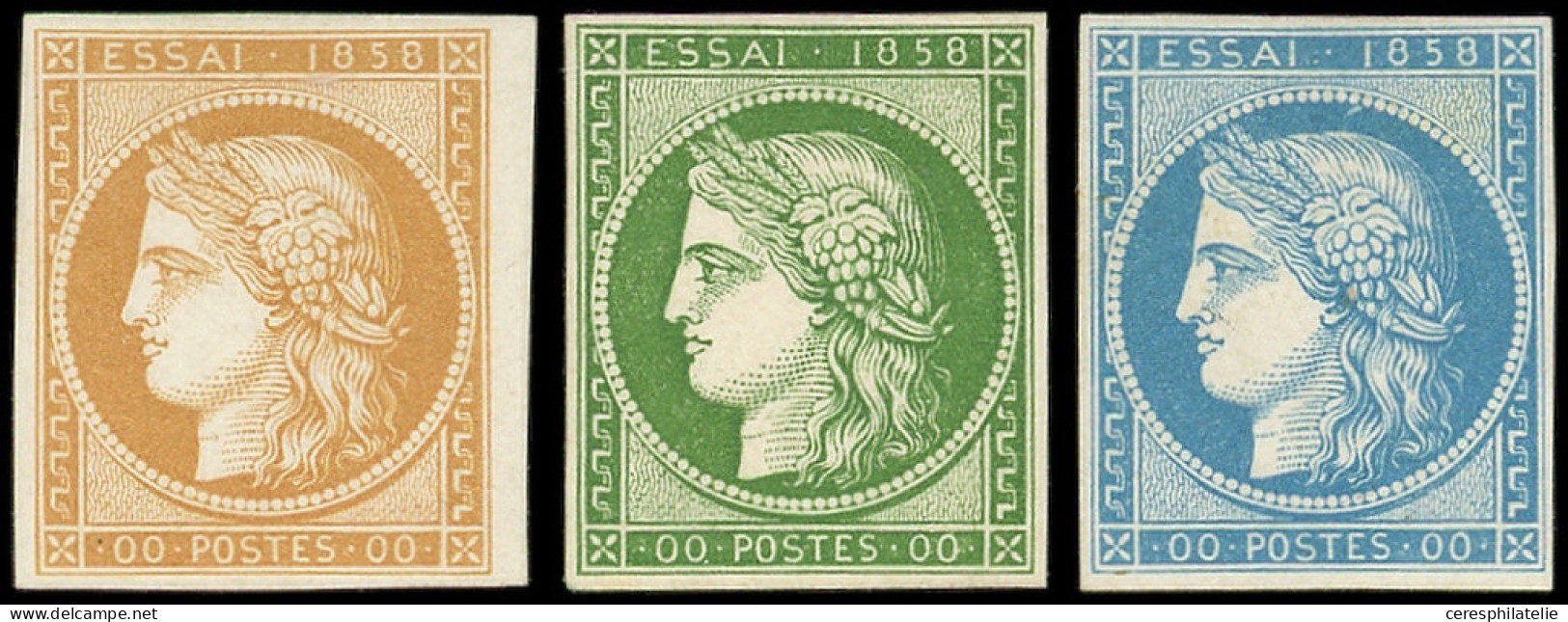 (*) ESSAIS -  Cérès, 3  De 1858, Val. 00, Bistre, Vert (papier Carton) Et Bleu, TB - Sonstige & Ohne Zuordnung