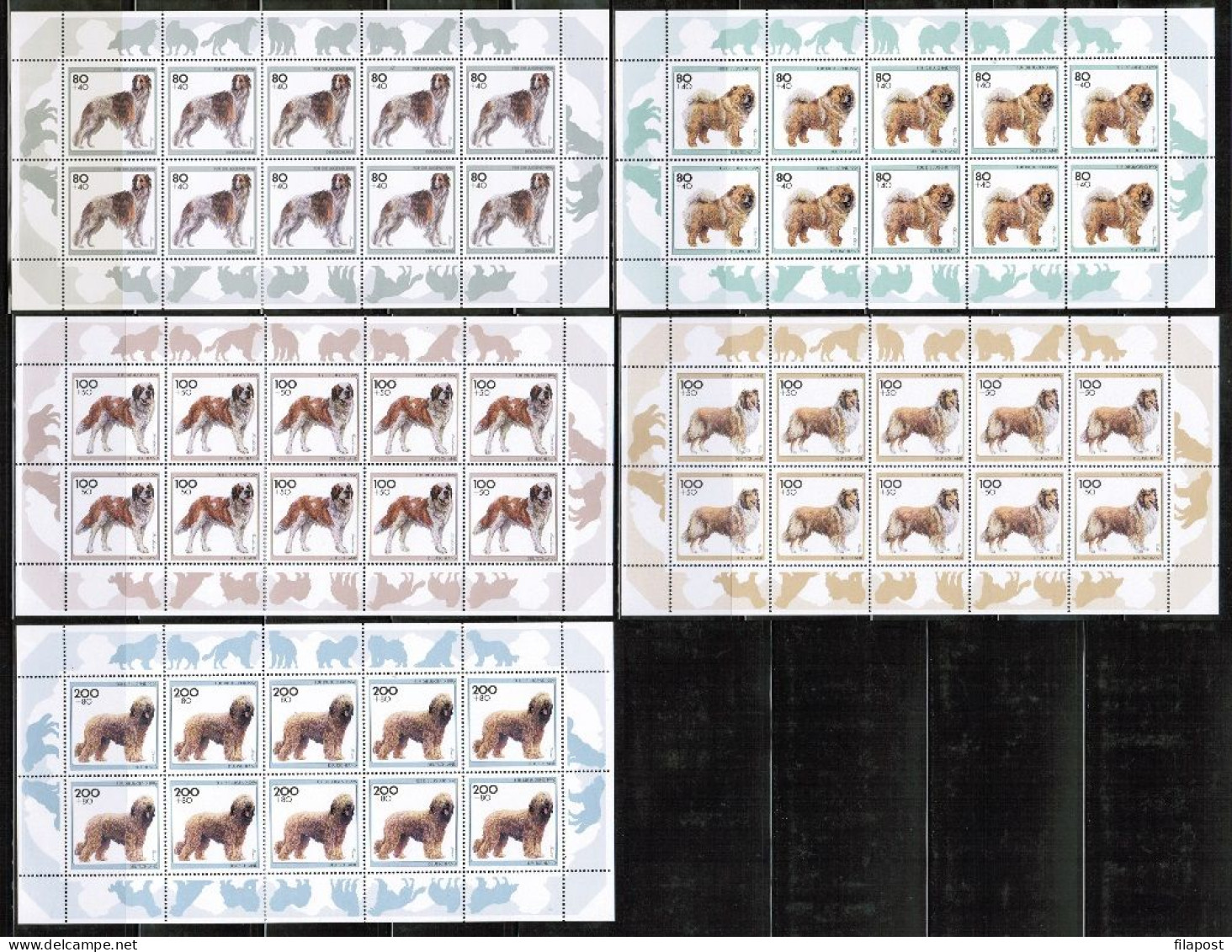 Germany 1996 / Michel 1836-40 Kb - Dog Breeds, Animals, Dogs, For The Youth - 5 Sheets Of 10 Stamps MNH - Honden