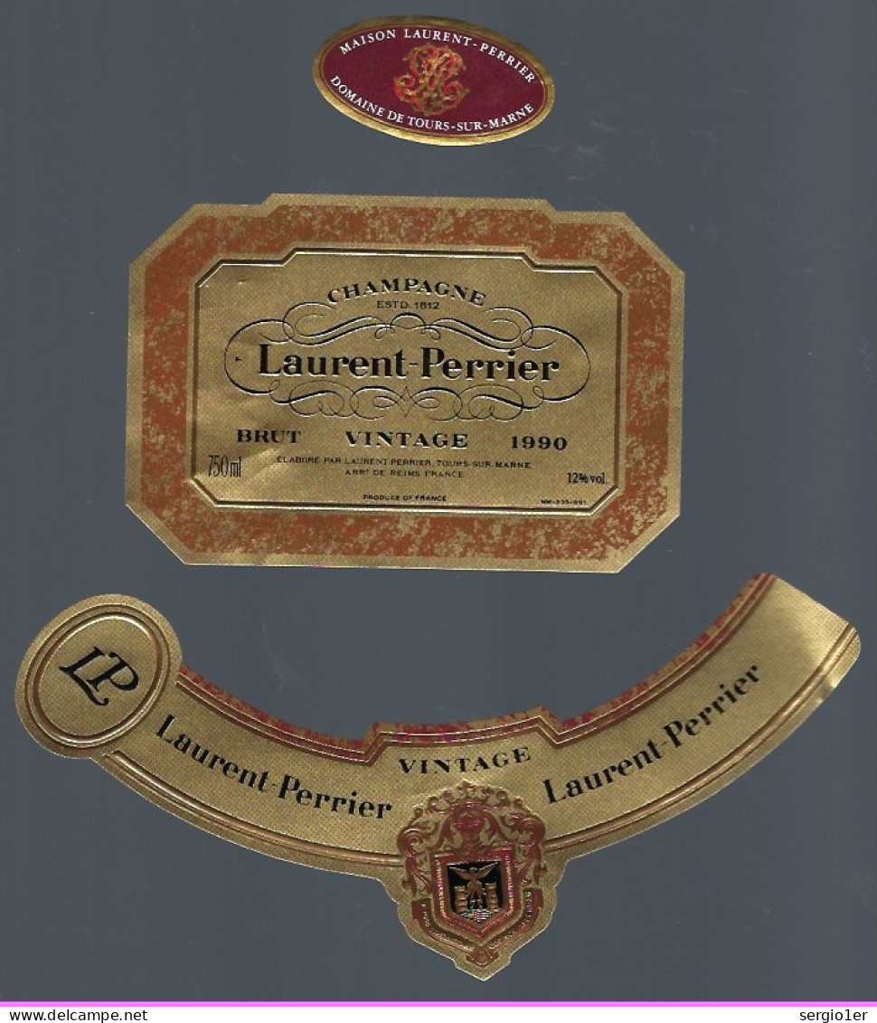 Etiquette Champagne Brut Vintage 1990 Laurent Perrier Tours Sur Marne  Marne 51 Avec Sa Collerette - Champan