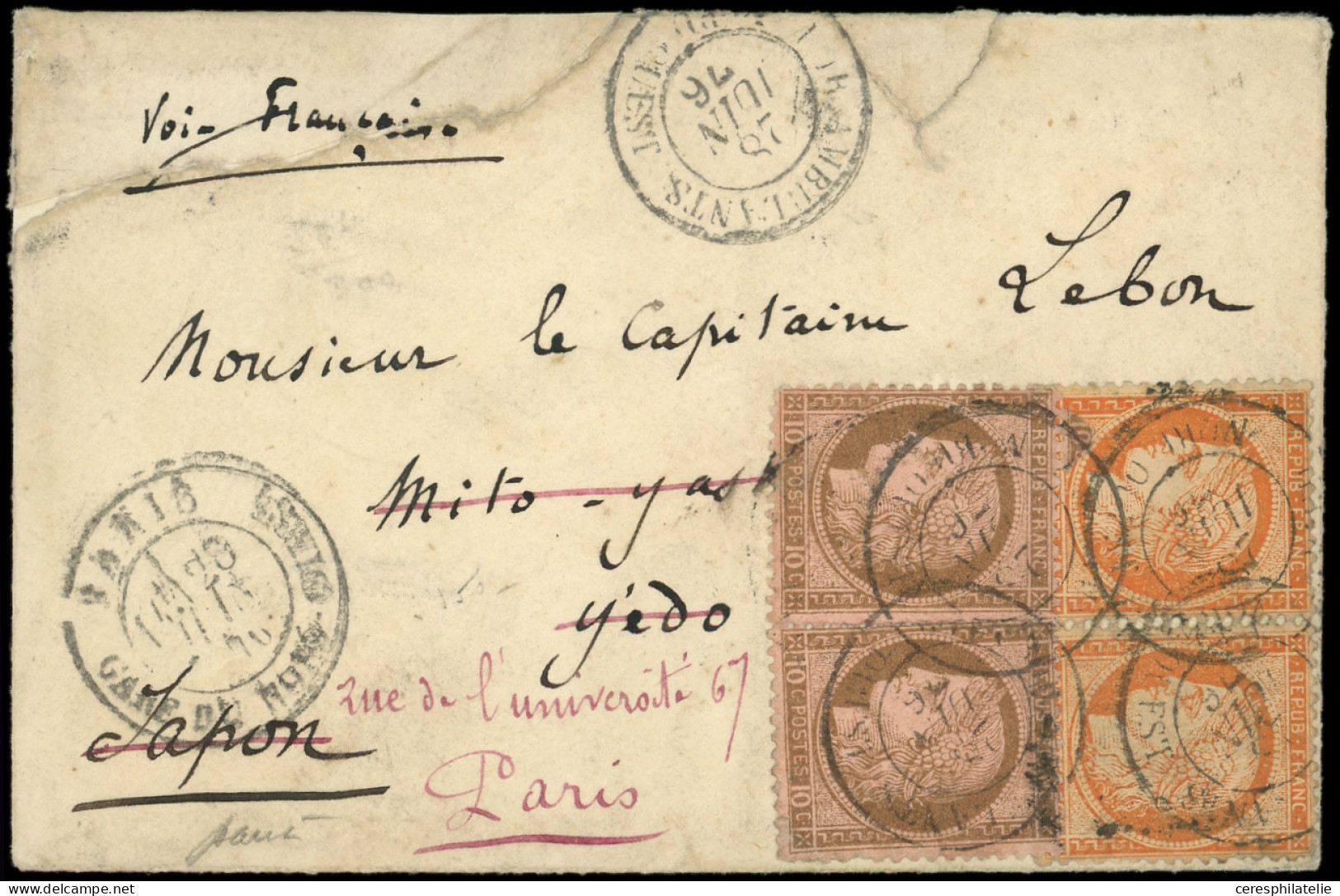 Let DESTINATIONS - N°38 PAIRE Et 54 (2) Obl. Càd Paris Gare Du Sud Ouest 28/6/76 S. Env. Pour YEDO JAPON. Arr. YOKOHAMA  - 1849-1876: Classic Period
