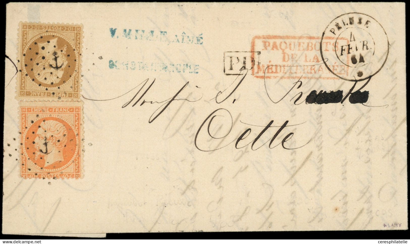 Let POSTE MARITIME - N°21 Et 23 Obl. ANCRE S. LAC De Constantinople, Càd PELUSE 4/2/64, Arr. CETTE 11/2, Superbe - Maritime Post