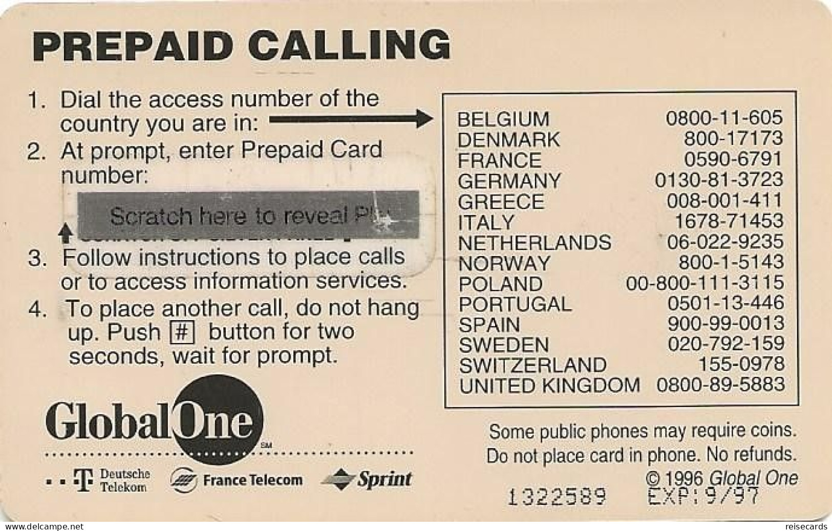 Germany: Prepaid GlobalOne - Maine Lighttower. 09.97. Mint - GSM, Cartes Prepayées & Recharges