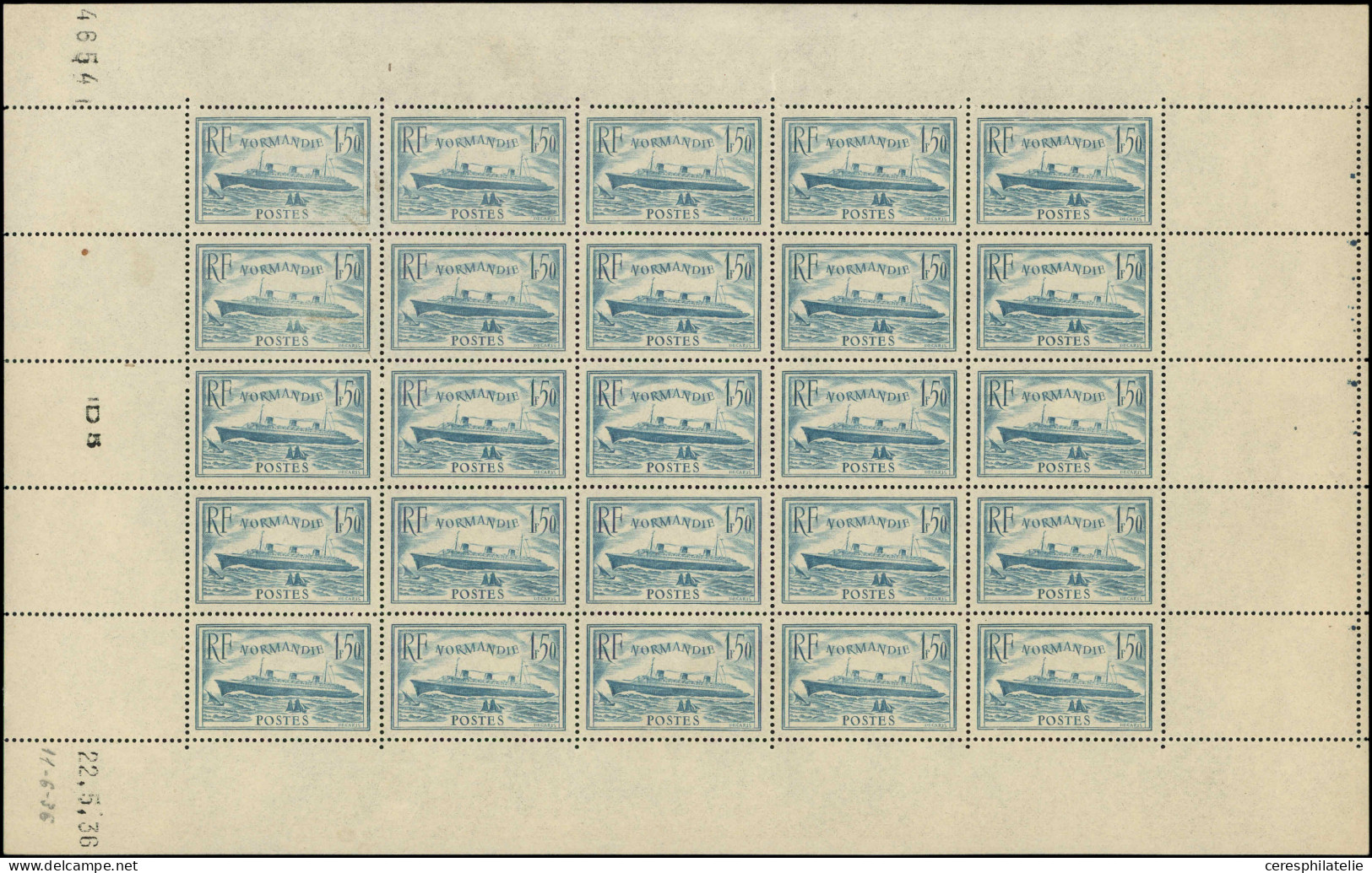 ** EMISSIONS DU XXe SIECLE - 300   Normandie, 1f.50 Bleu Clair, FEUILLE De 25, TB - Nuovi