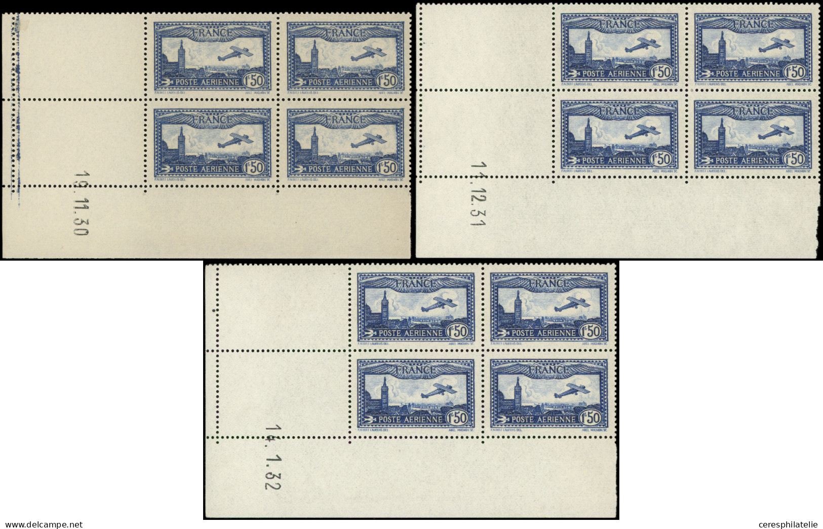 ** POSTE AERIENNE - 6   Vue De Marseille, 1f.50 Bleu, 3 BLOCS De 4 CD 1930-31 Et 1932, TB - 1927-1959 Nuevos