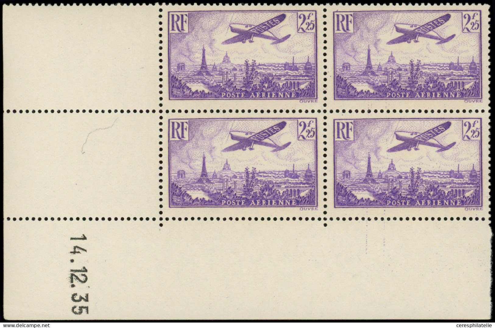 ** POSTE AERIENNE - 10  Vue De Paris, 2f.25 Violet, BLOC De 4 CD 14/12/35, TB - 1927-1959 Nuevos