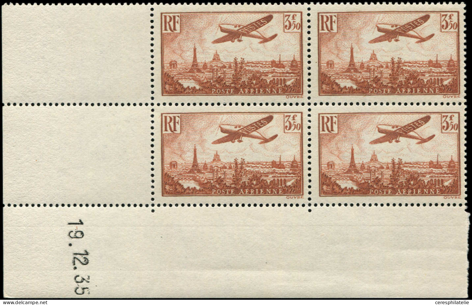 ** POSTE AERIENNE - 13  Vue De Paris, 3f.50 Brun-jaune, BLOC De 4 CD 19/12/35, TB - 1927-1959 Nuovi