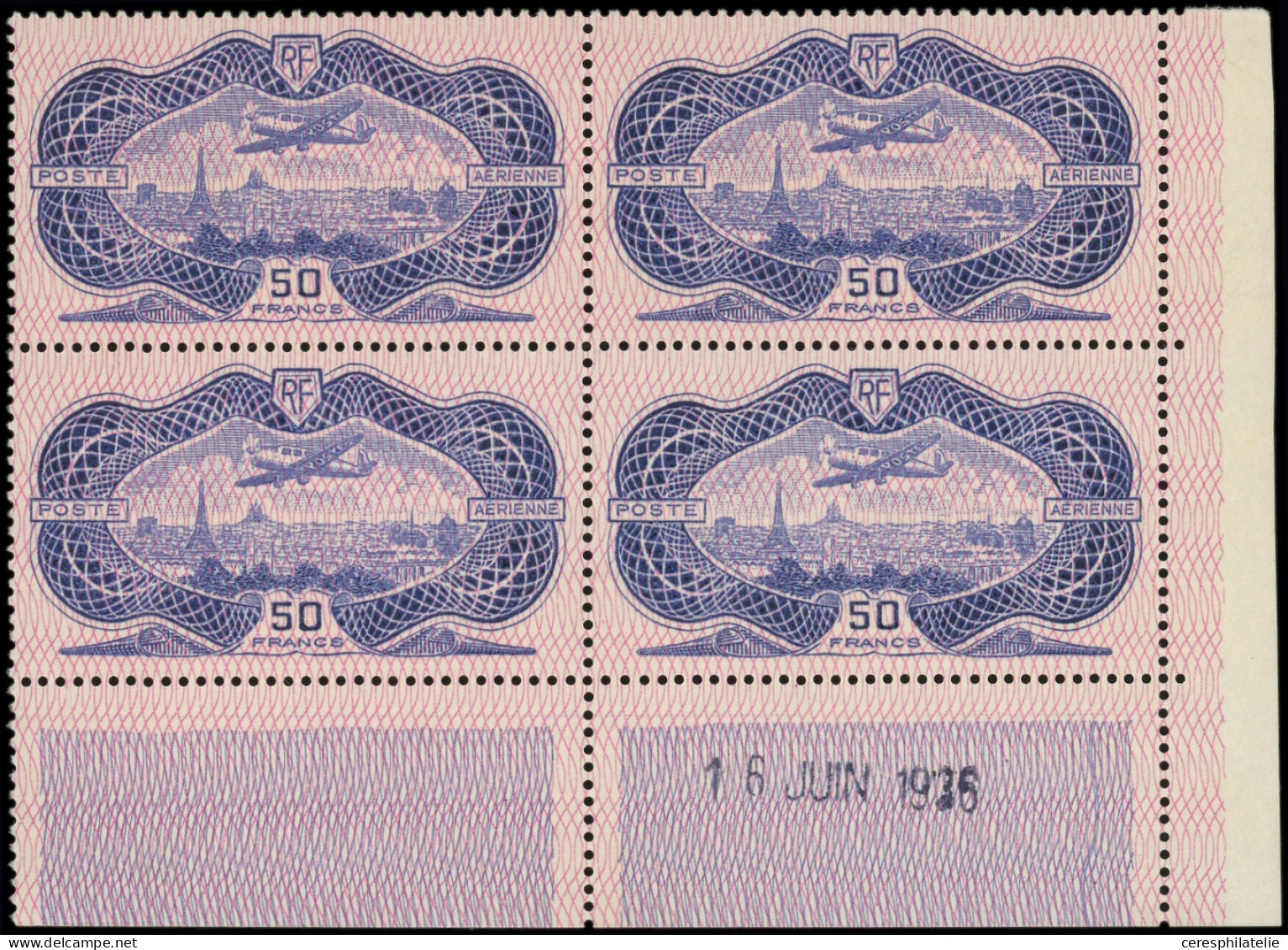 ** POSTE AERIENNE - 15b 50f. Burelage Renversé, BLOC De 4 CD 16/6/36, TB. C - 1927-1959 Neufs