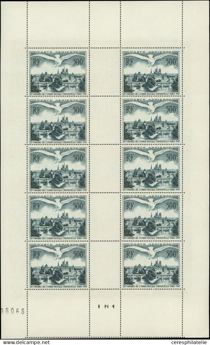 ** POSTE AERIENNE - 20  U.P.U., 500f. Vert Foncé, U.P.U, FEUILLET De 10 Timbres, TB - 1927-1959 Nuovi