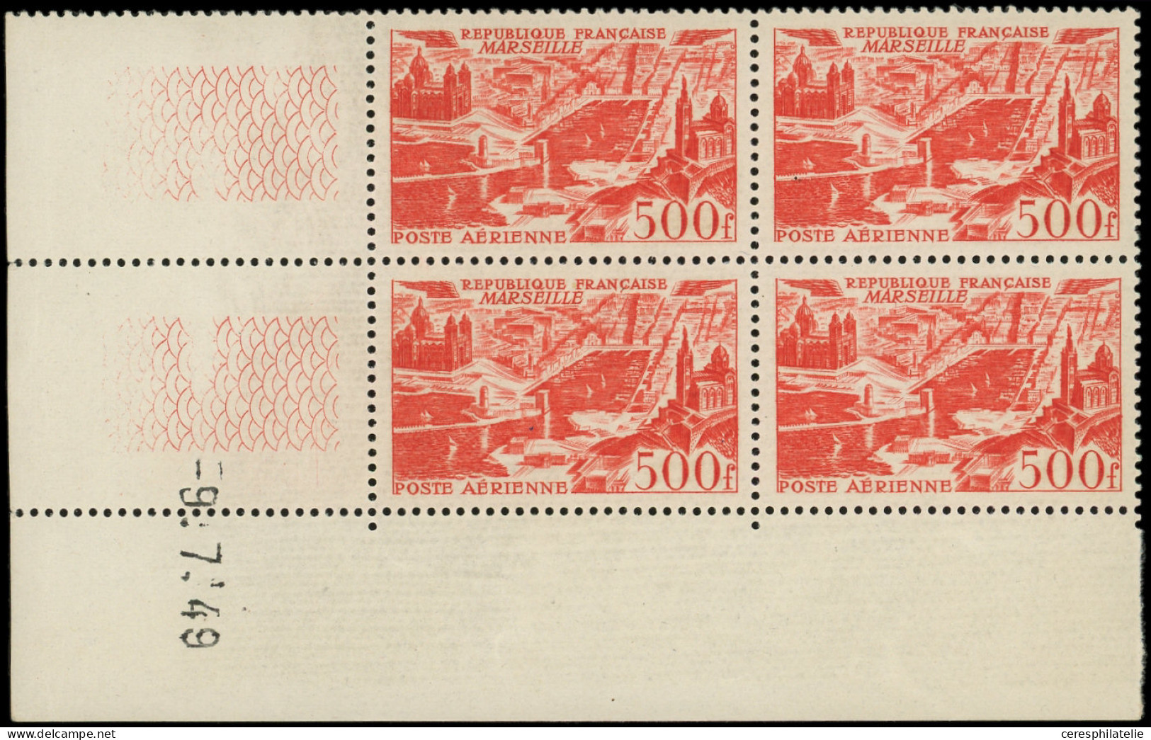 ** POSTE AERIENNE - 27  Marseille, 500f. Rouge, BLOC De 4 CD 9/7/49, TB - 1927-1959 Ungebraucht