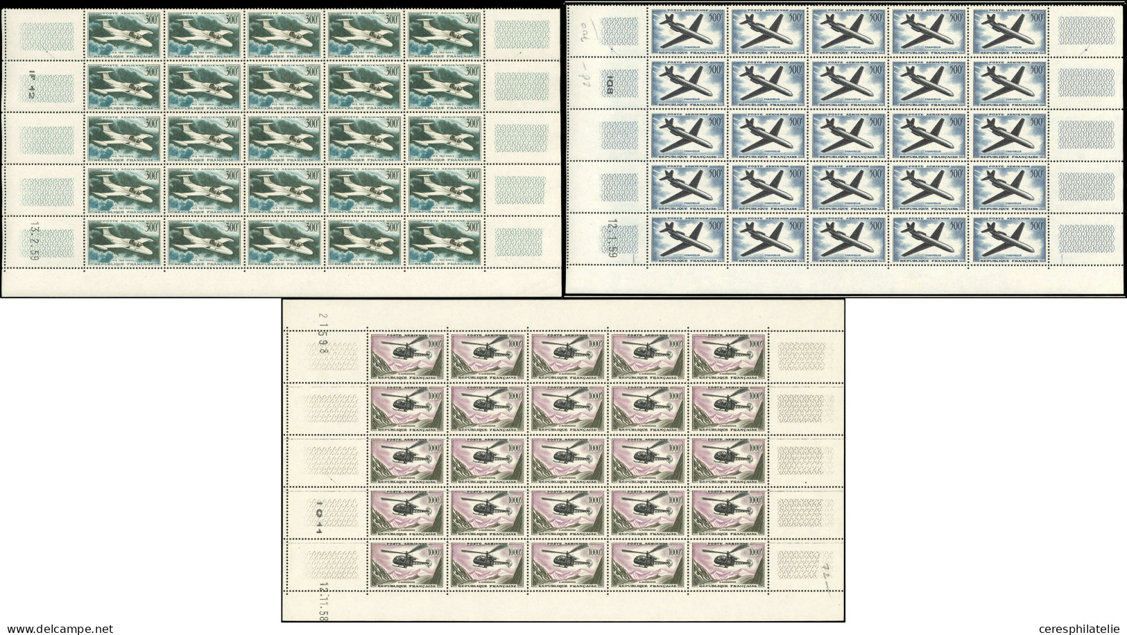 ** POSTE AERIENNE - 35/37 Avions Et Hélicoptère, La Série En PANNEAUX (N°35 Et 36) Ou FEUILLE (N°37) De 25, TB - Feuilles Complètes