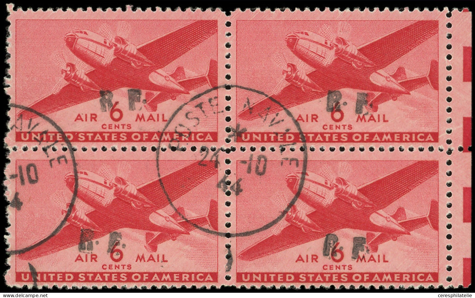 Poste Aérienne Militaire -  25 : 6c. Rouge, Surch. CASABLANCA T III, BLOC De 4 Bdf Obl. POSTE NAVALE 24/10/44, TB, Signé - Military Airmail