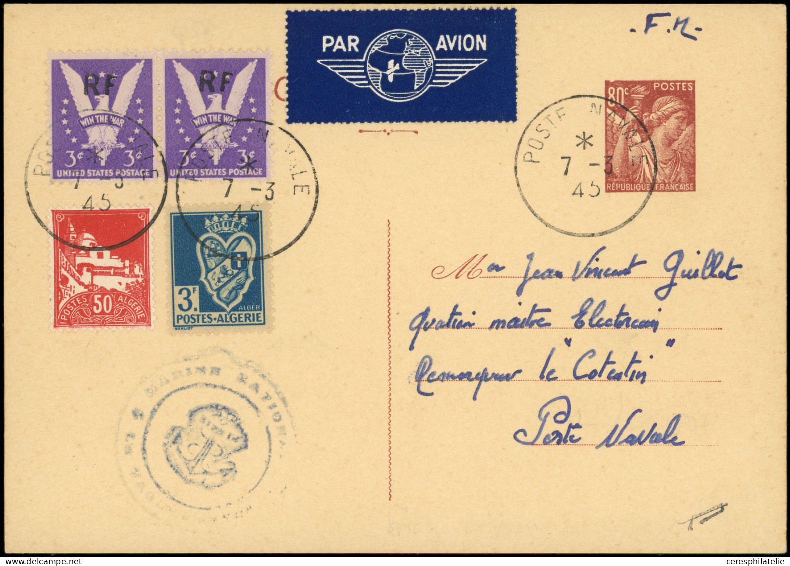 Let Poste Aérienne Militaire -  Etats-Unis N°458 PAIRE Surch. RF, Algérie N°173 Et 181 S. CP Entier 80c. Iris Obl. POSTE - Militärische Luftpost