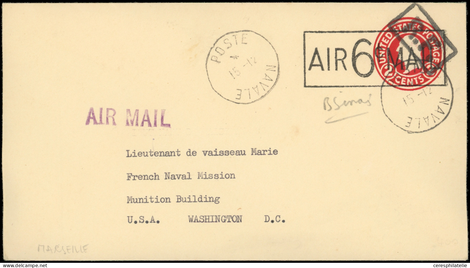 Let Poste Aérienne Militaire -  Env. Entier 2c. Carmin, Surch. MARSEILLE, Obl. AIR6MAIL Et Càd POSTE/NAVALE 15/12/( ), T - Military Airmail